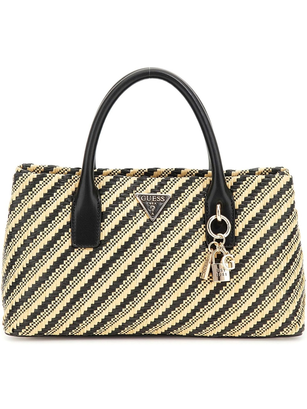 New GUESS Black and Natural Woven Satchel with Gold Charm
